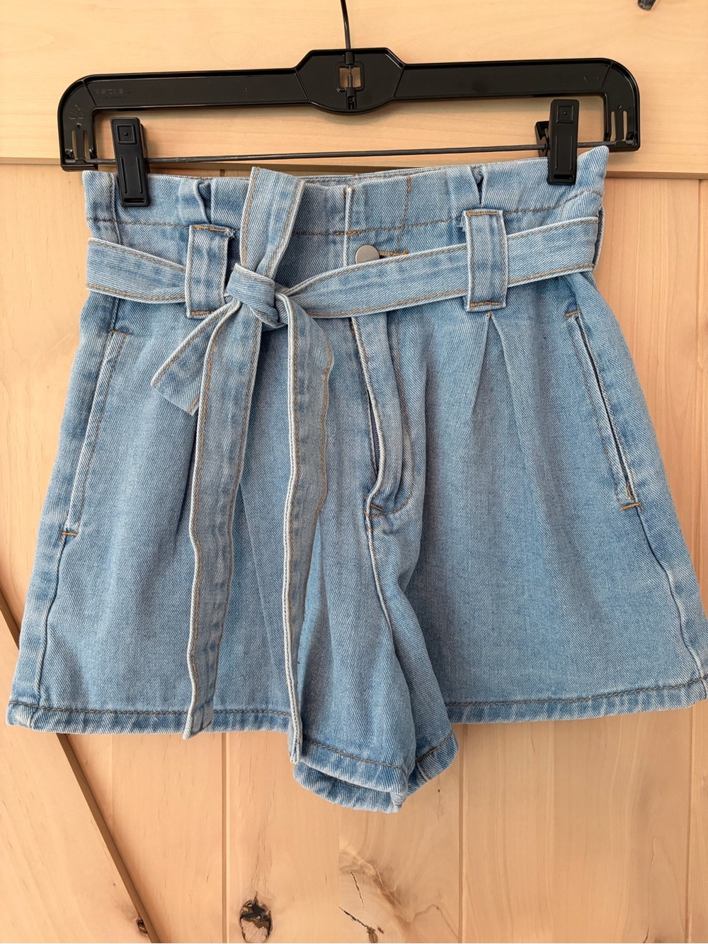 SHEIN Light Blue High-Waist Paperbag Denim Shorts with Tie Belt